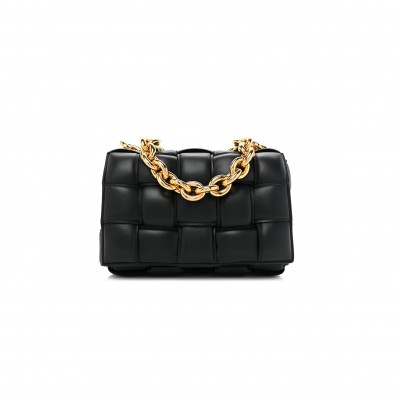 BOTTEGA VENETA LAMBSKIN MAXI INTRECCIATO PADDED CHAIN CASSETTE CROSSBODY BAG BLACK  (25*15*8cm)