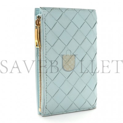 BOTTEGA VENETA NAPPA INTRECCIATO MEDIUM CASSETTE BIFOLD ZIP WALLET TEAL WASHED  (10*14*1cm)