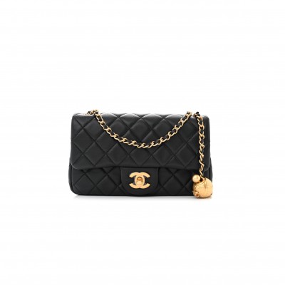 CHANEL MASTER LAMBSKIN QUILTED MINI RECTANGULAR PEARL CRUSH FLAP BLACK AS1787 (19*13*6cm)