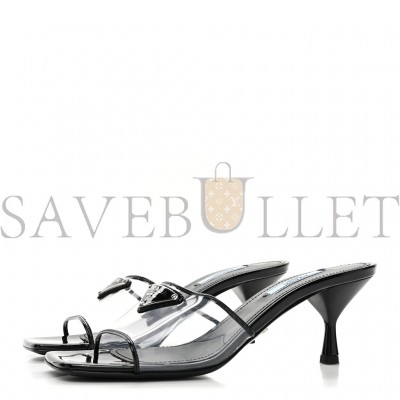 PRADA PLEXIGLASS VERNICE METAL TRIANGLE LOGO 65MM SLIDE SANDALS 36.5 BLACK