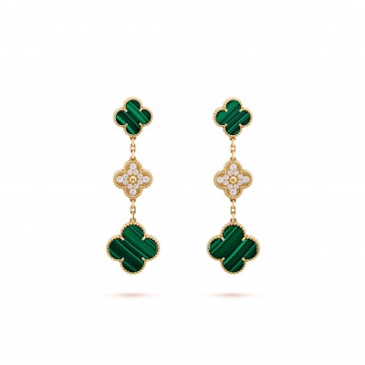 VAN CLEEF  ARPELS MAGIC ALHAMBRA EARRINGS, 3 MOTIFS - YELLOW GOLD, DIAMOND, MALACHITE  VCARO9II00