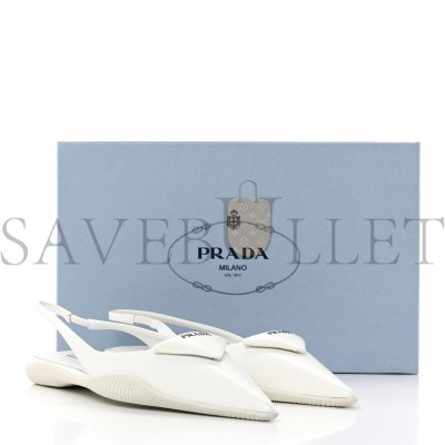 PRADA SPAZZOLATO TRIANGLE LOGO POINTED TOE SLINGBACK FLATS 37 WHITE