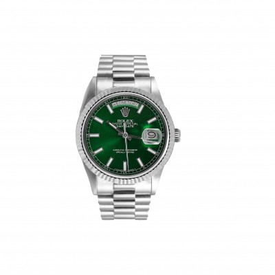 ROLEX DAY-DATE 18K WHITE GOLD - GREEN STICK DIAL WATCH 118239