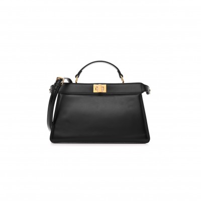 FENDI VITELLO KING LUXOR SHINY NAPPA MEDIUM PEEKABOO I SEE U EAST WEST SATCHEL BLACK LIGHT ROSE (29*18*11cm)