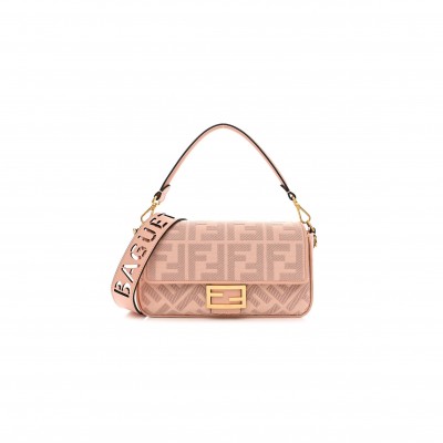 FENDI CANVAS VITELLO KING EXTRA STRAP FF EMBROIDERED BAGUETTE BABY PINK (27*15*6cm)