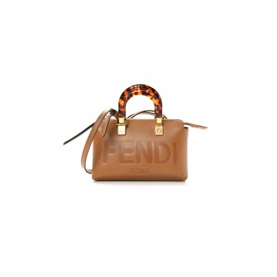 FENDI VITELLO KING PLEXIGLASS LOGO EMBOSSED MINI BY THE WAY TOP HANDLE BOSTON BAG CARAMELLO (18*11*8cm)