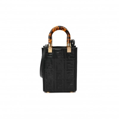 FENDI VITELLO PLEXIGLASS FF EMBOSSED MINI FENDI SUNSHINE SHOPPER TOTE BLACK  (18*13*6cm)