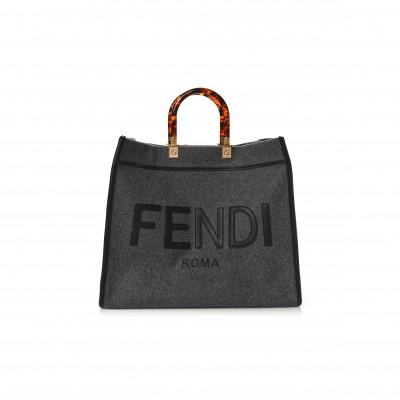 FENDI MELANGE FLANNEL PLEXIGLASS SATIN LOGO EMBROIDERED THREADED EDGE LARGE FENDI SUNSHINE SHOPPER TOTE GRIGIO BLACK (40*34*20cm)