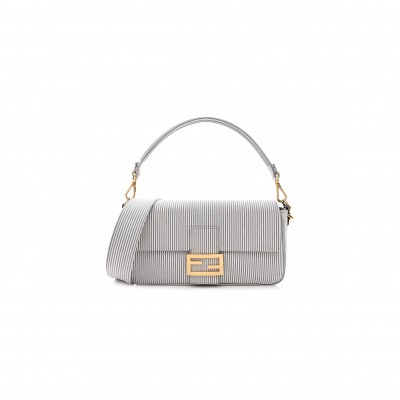 FENDI COTTON CUOIO BRETAGNA STRIPED BAGUETTE GRIGIO WHITE BLACK (27*15*6cm)