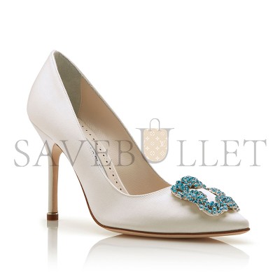 MANOLO BLAHNIK HANGISI BRIDE WHITE SATIN JEWEL BUCKLE PUMPS 9XX-0002-0002