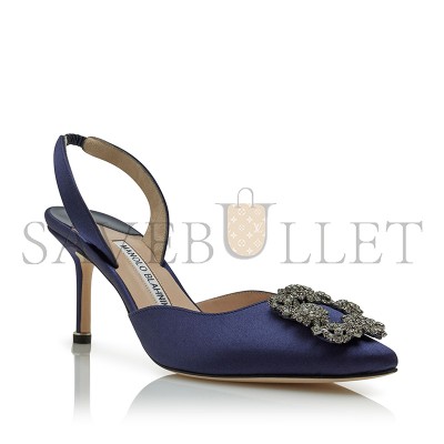 MANOLO BLAHNIK HANGISLI NAVY BLUE SATIN JEWEL BUCKLE SLINGBACK PUMPS 419-0473-0012