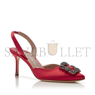 MANOLO BLAHNIK HANGISLI RED SATIN JEWEL BUCKLE SLINGBACK PUMPS 419-0473-0006