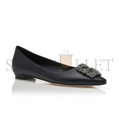 MANOLO BLAHNIK HANGISIFLAT BLACK CALF LEATHER JEWEL BUCKLE FLAT PUMPS 121-1657-0001