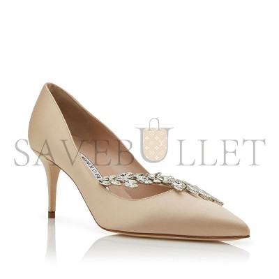 MANOLO BLAHNIK NADIRA 70 BEIGE SATIN JEWEL BUCKLE PUMPS 9XX-0368-0048