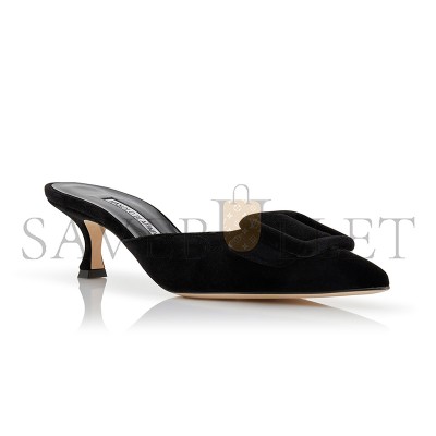 MANOLO BLAHNIK MAYSALE BLACK VELVET BUCKLE DETAIL MULES 220-0480-0015