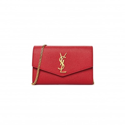 YSL UPTOWN CHAIN WALLET IN GRAIN DE POUDRE EMBOSSED LEATHER 607788110108 (19*12*3cm)