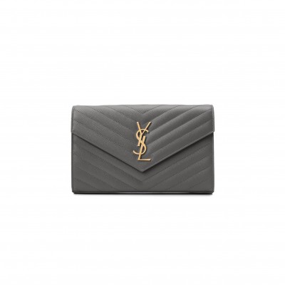 YSL CASSANDRE MATELASSÉ CHAIN WALLET IN GRAIN DE POUDRE EMBOSSED LEATHER 377828300659 (22.5*14*4cm)