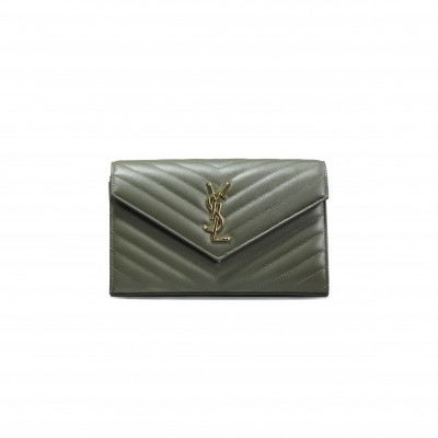 YSL CASSANDRE MATELASSÉ CHAIN WALLET IN GRAIN DE POUDRE EMBOSSED LEATHER 377828442610 (22.5*14*4cm)