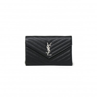 YSL CASSANDRE MATELASSÉ CHAIN WALLET IN GRAIN DE POUDRE EMBOSSED LEATHER 377828BOW021000 (22.5*14*4cm)