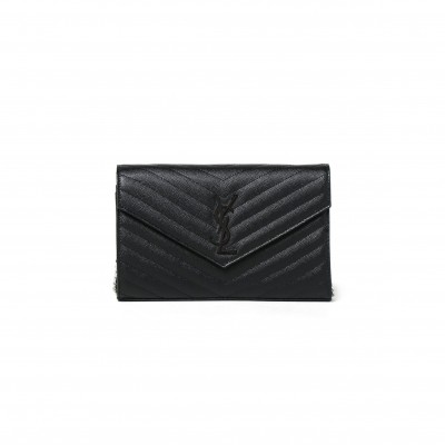 YSL CASSANDRE MATELASSÉ CHAIN WALLET IN GRAIN DE POUDRE EMBOSSED LEATHER 377828300265 (22.5*14*4cm)