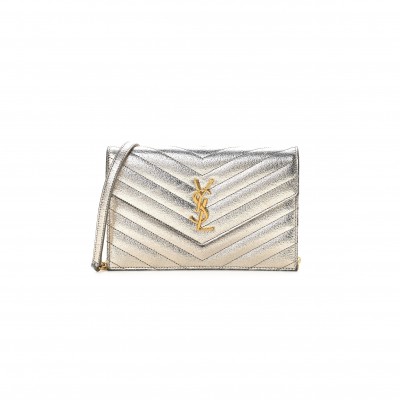 YSL CASSANDRE ENVELOPE CHAIN WALLET IN GRAIN DE POUDRE EMBOSSED LEATHER METALLIC 3939531032299 (19*12.5*3.5cm)