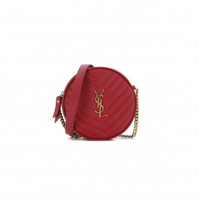 YSL VINYLE ROUND CAMERA BAG IN CHEVRON-QUILTED GRAIN DE POUDRE EMBOSSED LEATHER 6104361GF076008 (17*17*5.5cm)