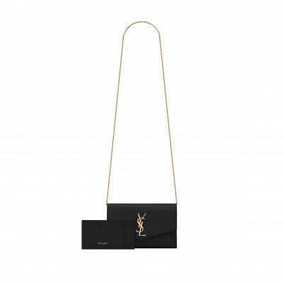 YSL UPTOWN CHAIN WALLET IN GRAIN DE POUDRE EMBOSSED LEATHER 6077881GF0J1000 (19*12*3cm)