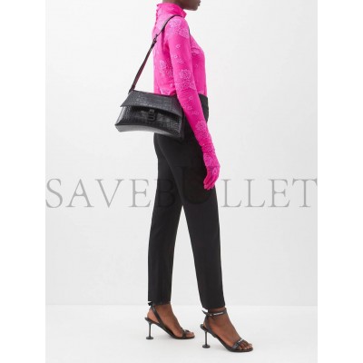 BALENCIAGA BLACK DOWNTOWN CROCODILE-EFFECT LEATHER SHOULDER BAG MATCHESFASHION US (29*18*11cm)
