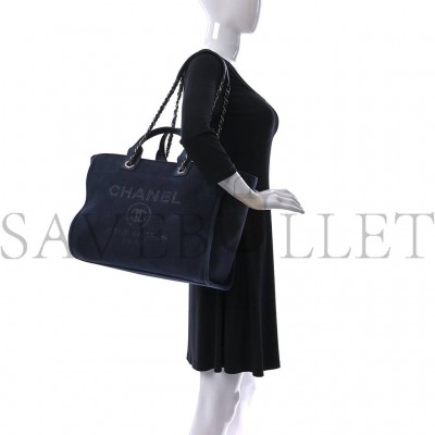 CHANEL MIXED FIBERS CALFSKIN MEDIUM DEAUVILLE TOTE NAVY BLUE (38*29*23cm)