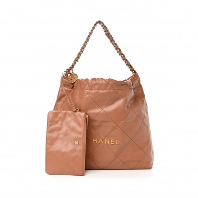 CHANEL SHINY CALFSKIN QUILTED CHANEL 22 CAMEL GOLD HARDWARE (37*35*7cm)
