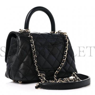 CHANEL CAVIAR QUILTED EXTRA MINI COCO HANDLE FLAP BLACK SILVER HARDWARE (18*13*9cm)