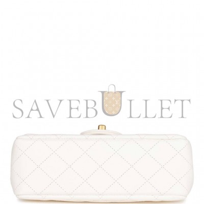 CHANEL PEARL CRUSH MINI RECTANGULAR FLAP BAG WHITE LAMBSKIN ANTIQUE GOLD HARDWARE (20*13*6cm)