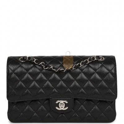 CHANEL MEDIUM CLASSIC DOUBLE FLAP BAG BLACK QUILTED CAVIAR SILVER HARDWARE (25*15*7cm)