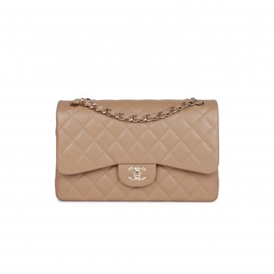 CHANEL JUMBO CLASSIC DOUBLE FLAP BAG DARK BEIGE CAVIAR GOLD HARDWARE (30*20*9cm)