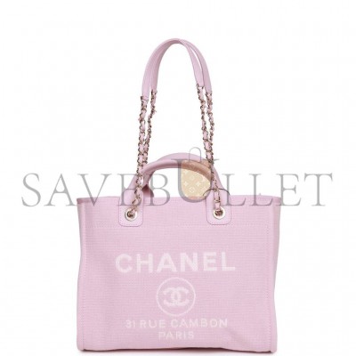 CHANEL SMALL DEAUVILLE SHOPPING BAG PINK BOUCLE LIGHT GOLD HARDWARE (34*27*15cm)