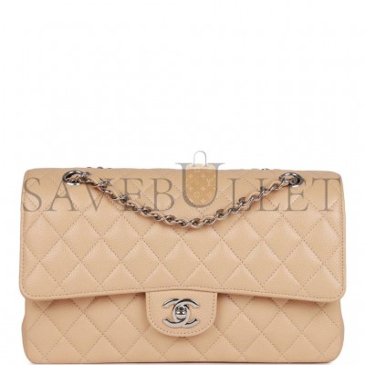 CHANEL MEDIUM CLASSIC DOUBLE FLAP BAG BEIGE CAVIAR SILVER HARDWARE (25*15*7cm)