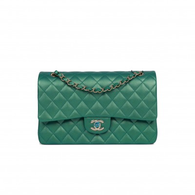 CHANEL MEDIUM CLASSIC DOUBLE FLAP BAG GREEN IRIDESCENT LAMBSKIN LIGHT GOLD HARDWARE (25*15*7cm)