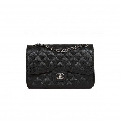 CHANEL JUMBO CLASSIC DOUBLE FLAP BAG BLACK CAVIAR SILVER HARDWARE (30*20*9cm)