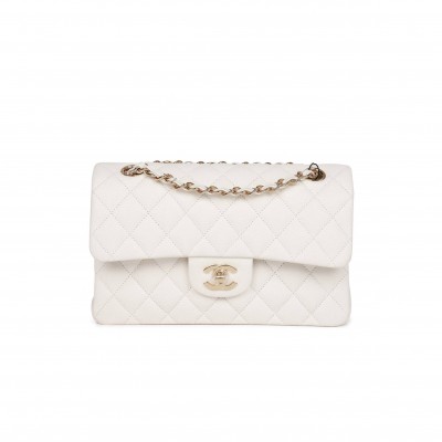 CHANEL SMALL CLASSIC DOUBLE FLAP WHITE CAVIAR  GOLD HARDWARE (23*13*6cm)