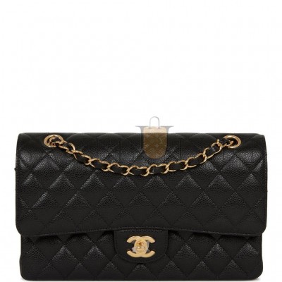 CHANEL MEDIUM CLASSIC DOUBLE FLAP BAG BLACK QUILTED CAVIAR GOLD HARDWARE (25*15*7cm)