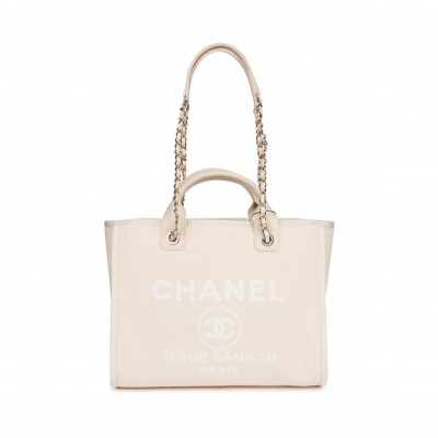 CHANEL LARGE DEAUVILLE SHOPPING BAG WHITE BOUCLE LIGHT GOLD HARDWARE (41*28*15cm)