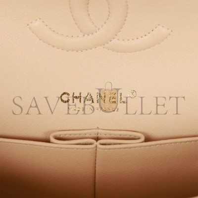 CHANEL MEDIUM CLASSIC DOUBLE FLAP BAG BEIGE LAMBSKIN LIGHT GOLD HARDWARE (25*15*7cm)