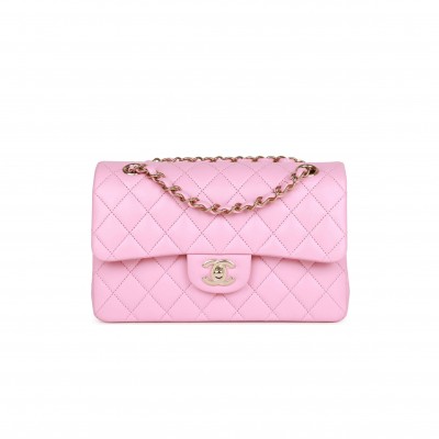 CHANEL SMALL CLASSIC DOUBLE FLAP PINK LAMBSKIN LIGHT GOLD HARDWARE (23*13*6cm)