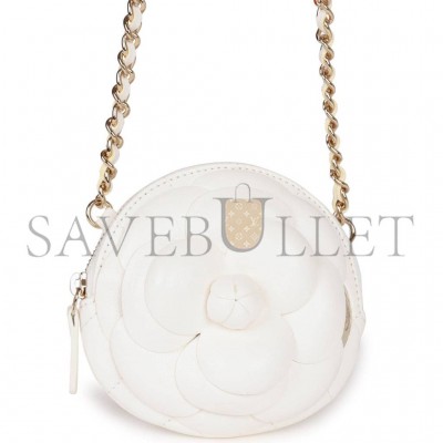 CHANEL CAMELLIA CLUTCH WITH CHAIN WHITE LAMBSKIN LIGHT GOLD HARDWARE (13*13*5cm)