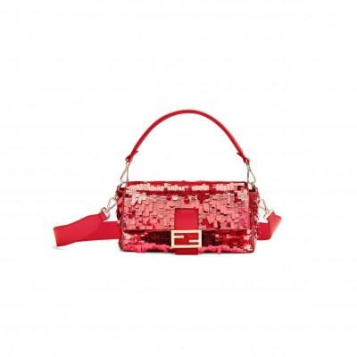 FENDI BAGUETTE - RED SEQUIN AND LEATHER BAG 8BR600AMP0F0V3L (27*15*6cm)