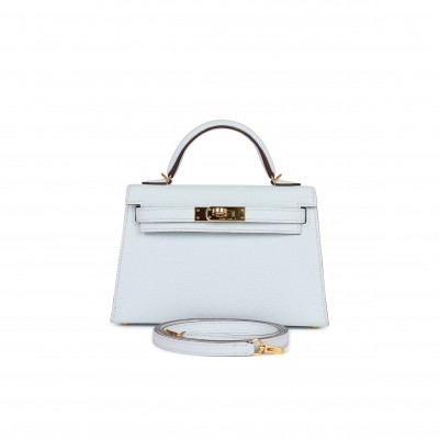 HERMES MINI HERMES KELLY SELLIER 20 BLEU BRUME CHEVRE GOLD HARDWARE (19*12*5.5cm)