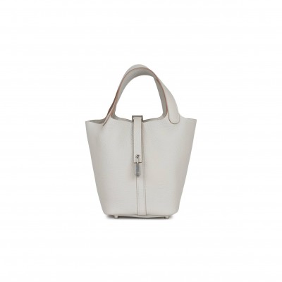 HERMES PICOTIN LOCK 18 GRIS PERLE CLEMENCE PALLADIUM HARDWARE (18*13*18cm)