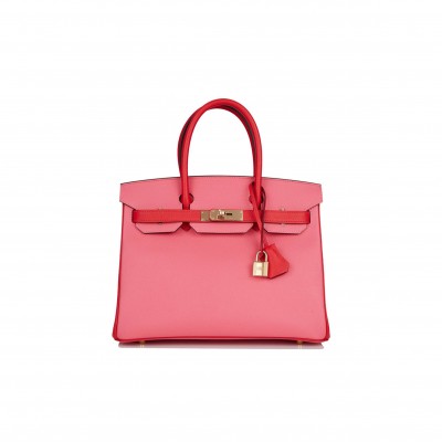 HERMES SPECIAL ORDER (HSS) BIRKIN 30 ROSE AZALEE AND ROUGE DE COEUR EPSOM PERMABRASS HARDWARE( 30cm*22*16cm)