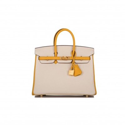 HERMES SPECIAL ORDER (HSS) BIRKIN 25 CRAIE AND JAUNE AMBRE TOGO BRUSHED GOLD HARDWARE HANDMADE (25cm)