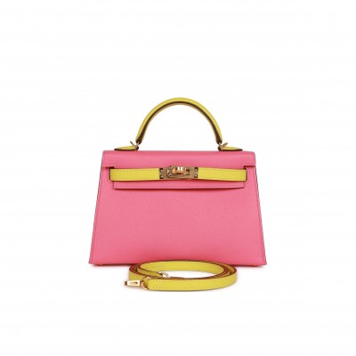 HERMES SPECIAL ORDER (HSS) KELLY MINI SELLIER 20 ROSE AZALEE AND LIME EPSOM GOLD HARDWARE (19*12*5.5cm)